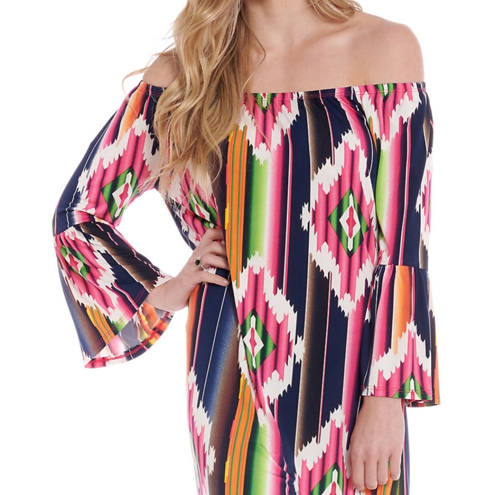 R Rouge off shoulder aztec navy/pink western dress - Picture 5 of 5
